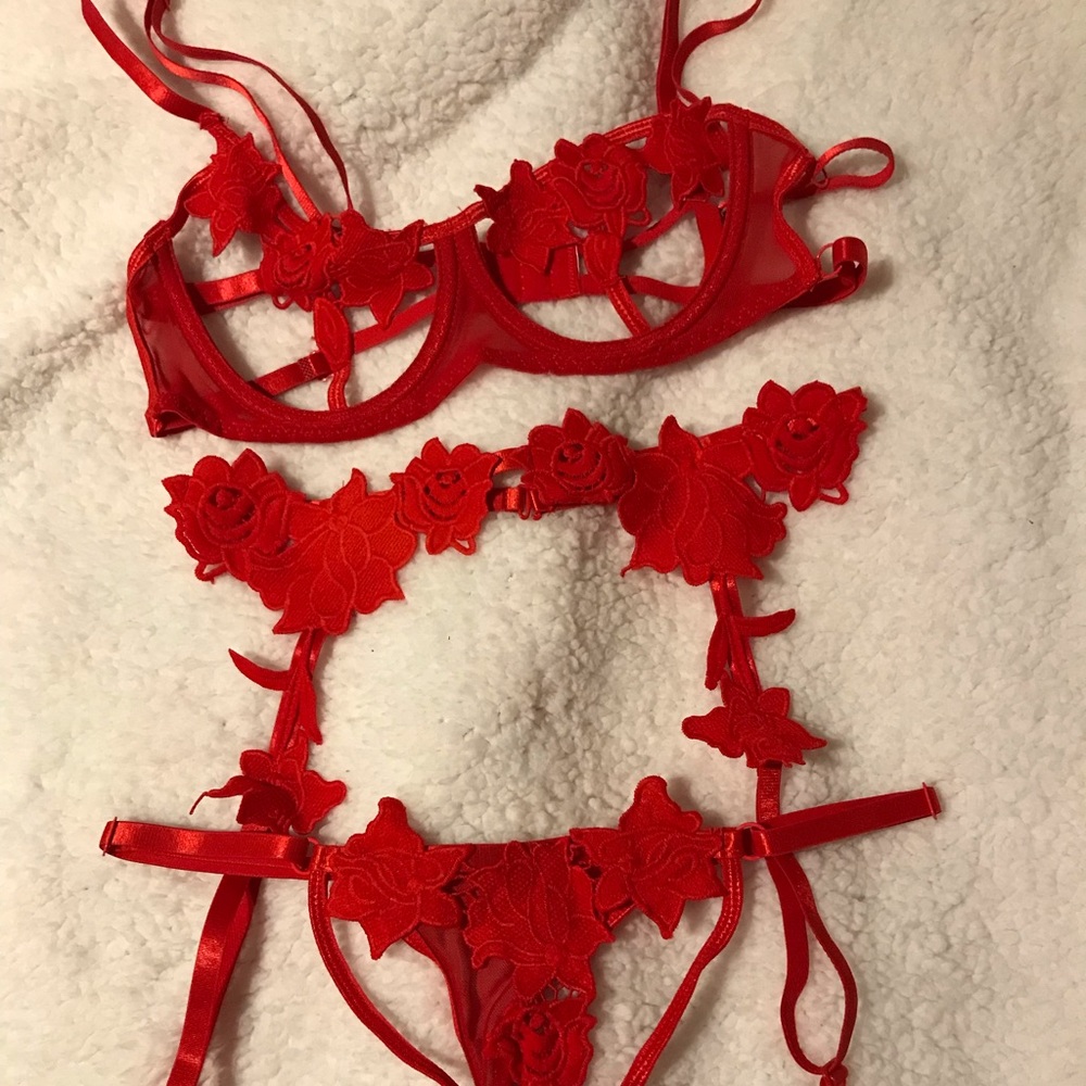 Rose Accent Matching Set with Bra, Garterbelt, and Panty